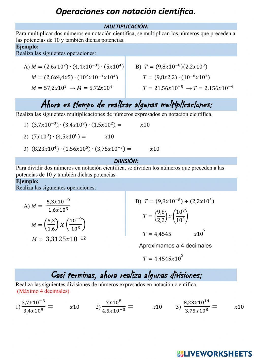 Multiplicación y división con notación cientñifica