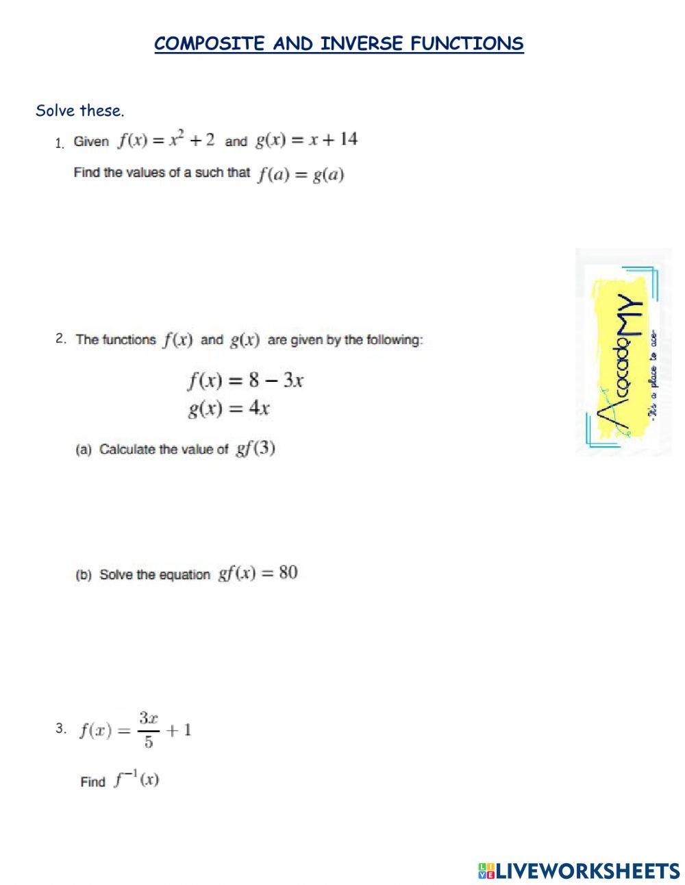 Composite and Inverse Functions Worksheet B