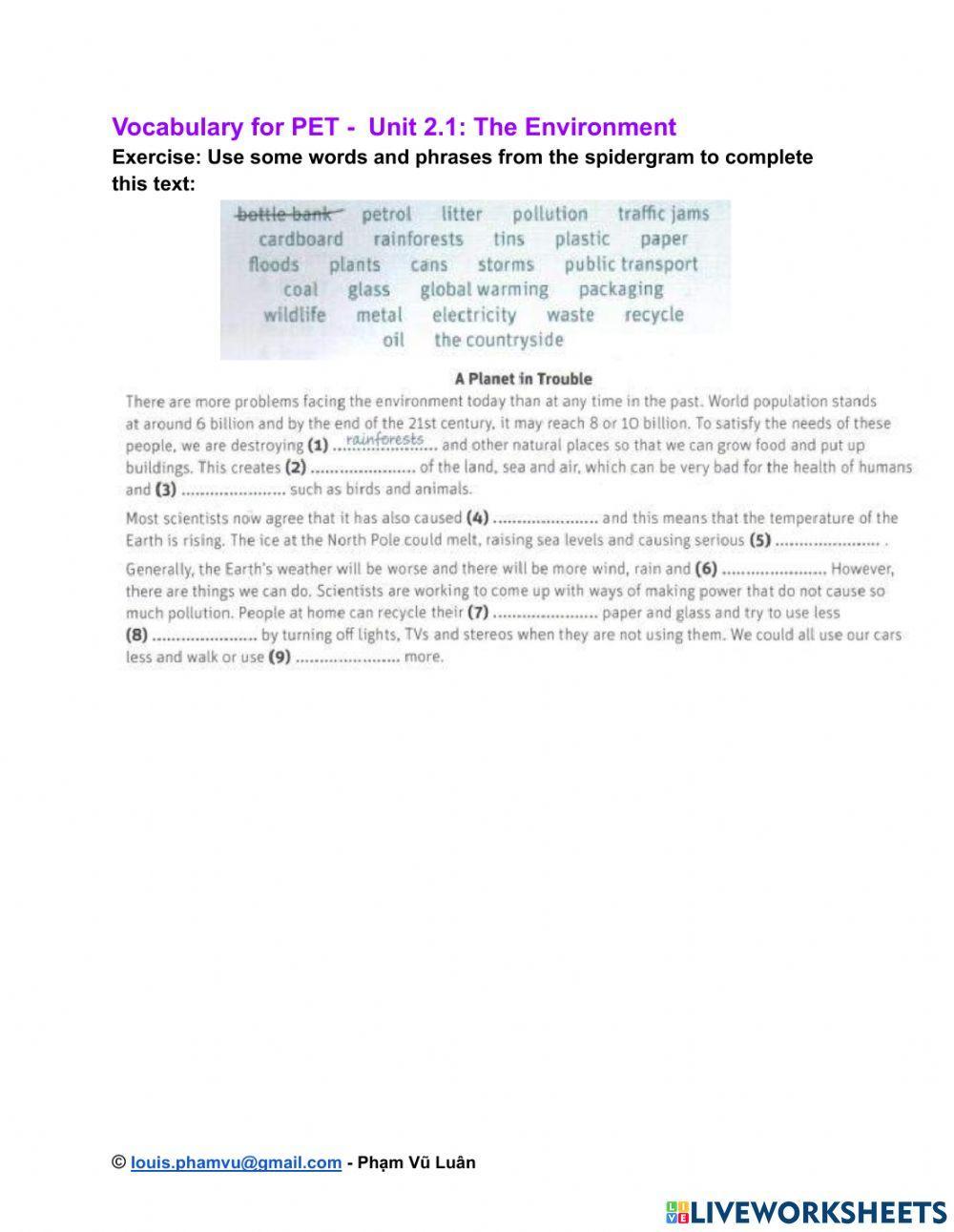 Vocabulary for PET -  Unit 2.1: The Environment