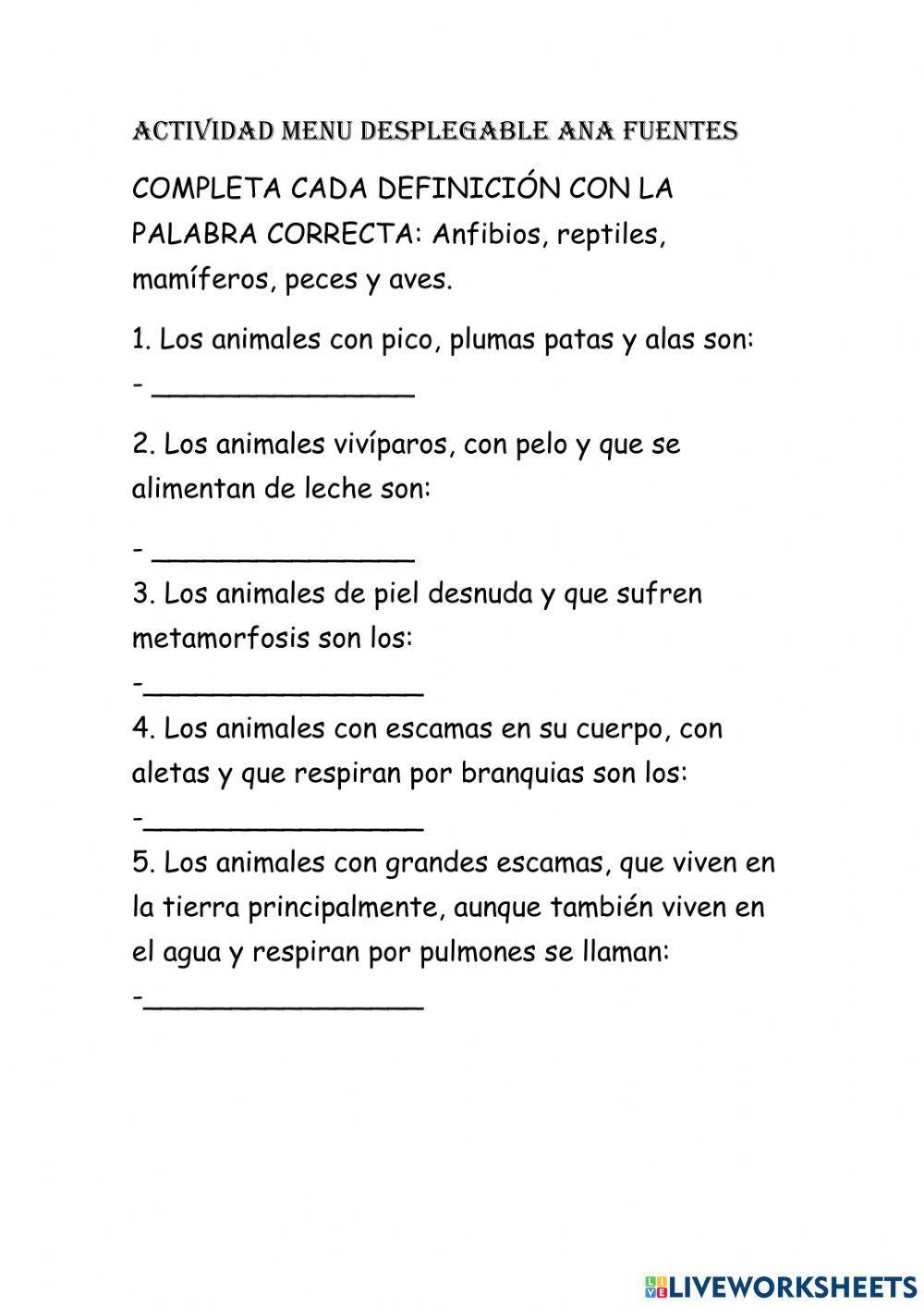 Ficha  desplegable animales vertebrados