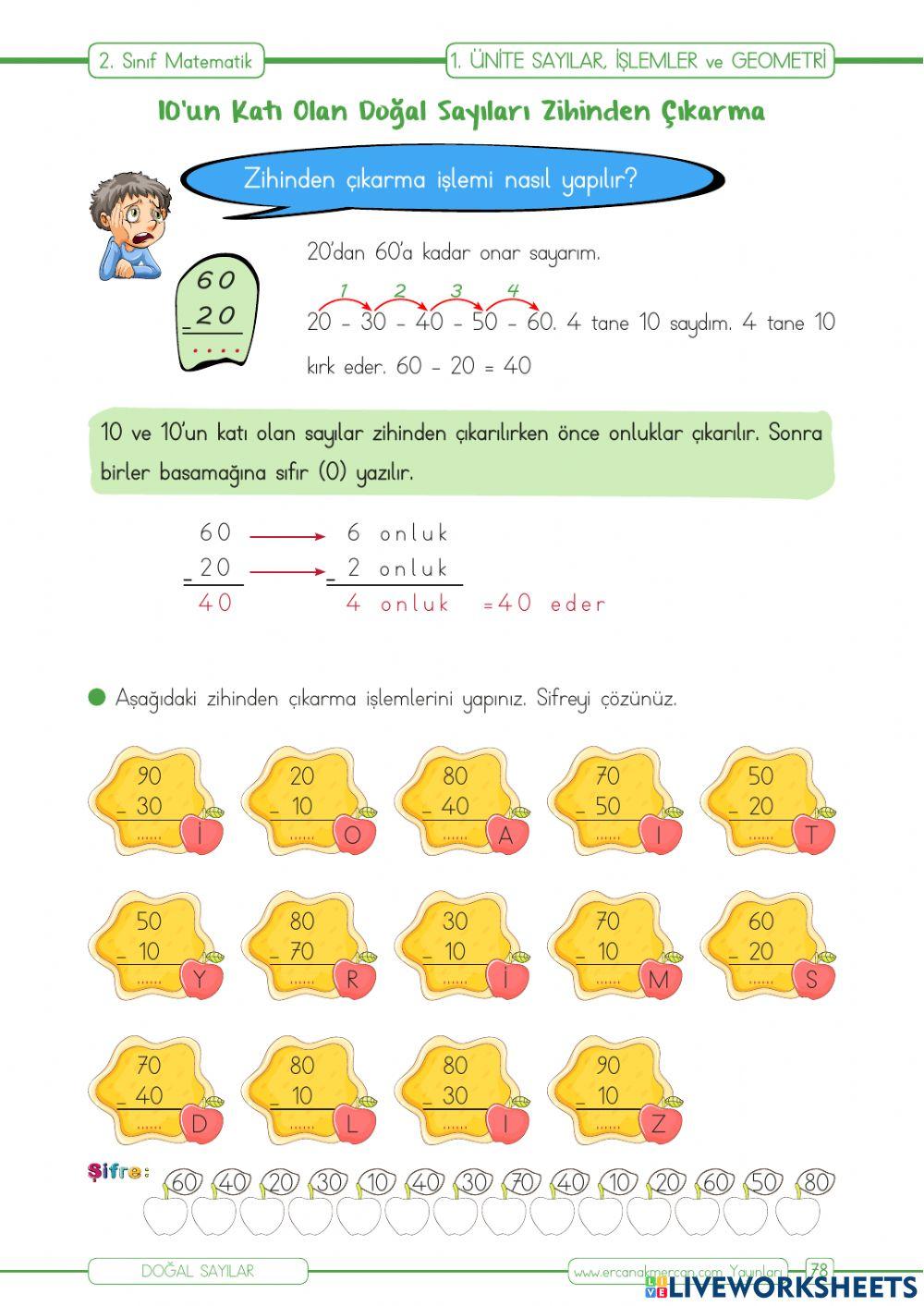 2. sınıf zihinden çıkarma
