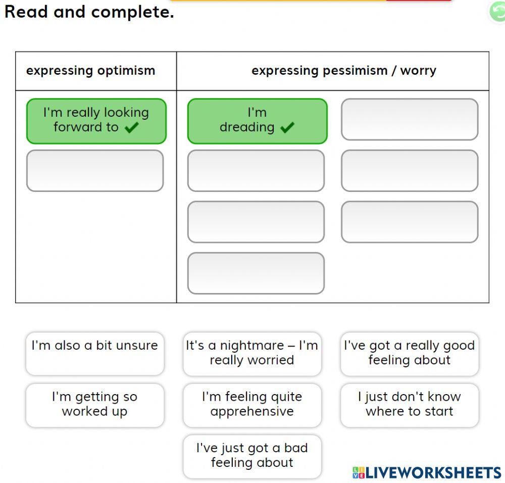 THINK 4 - VOCAB - feelings about future events