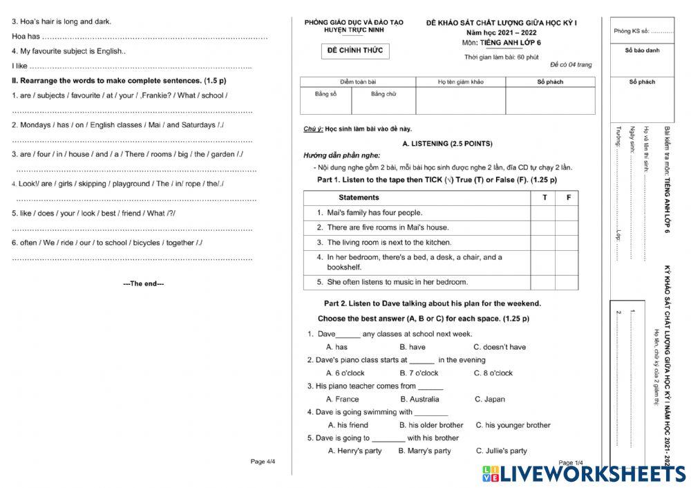 Đề kiểm tra chất lượng GĐ1 năm học 2021-2022