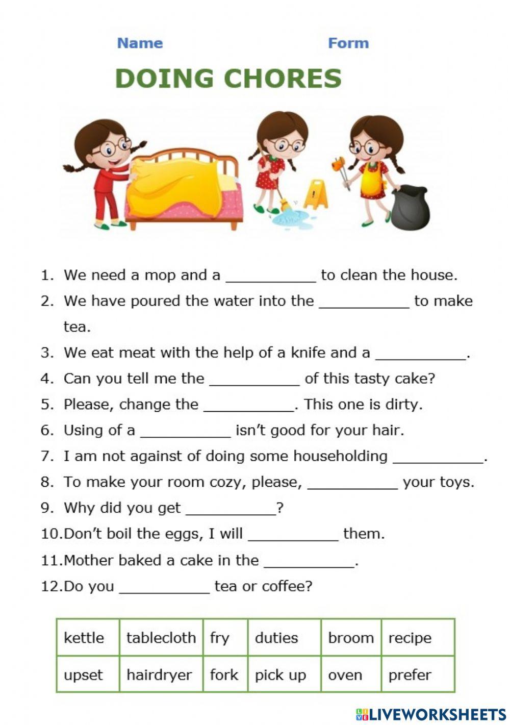 Doing chores interactive worksheet Live Worksheets
