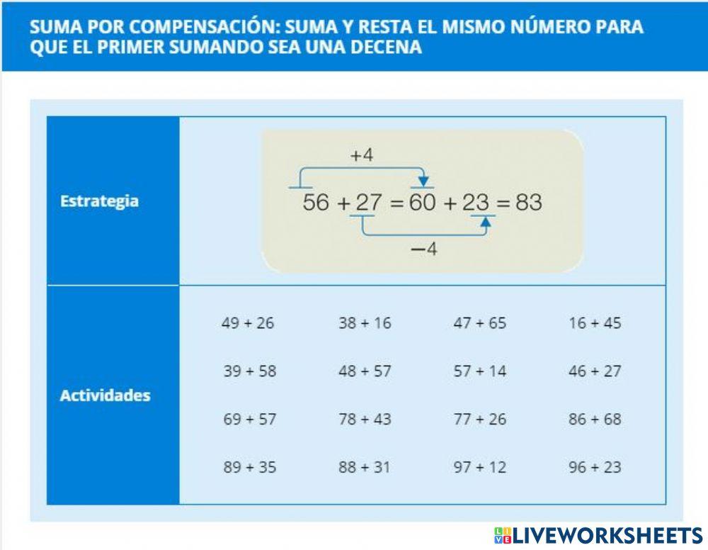 CÁLCULO MENTAL 6º: 4.1 Sumar por compensación: sumar y restar el mismo número