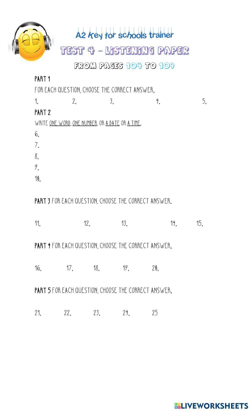 Answer sheet for Listening test 4 A2 key for schools trainer