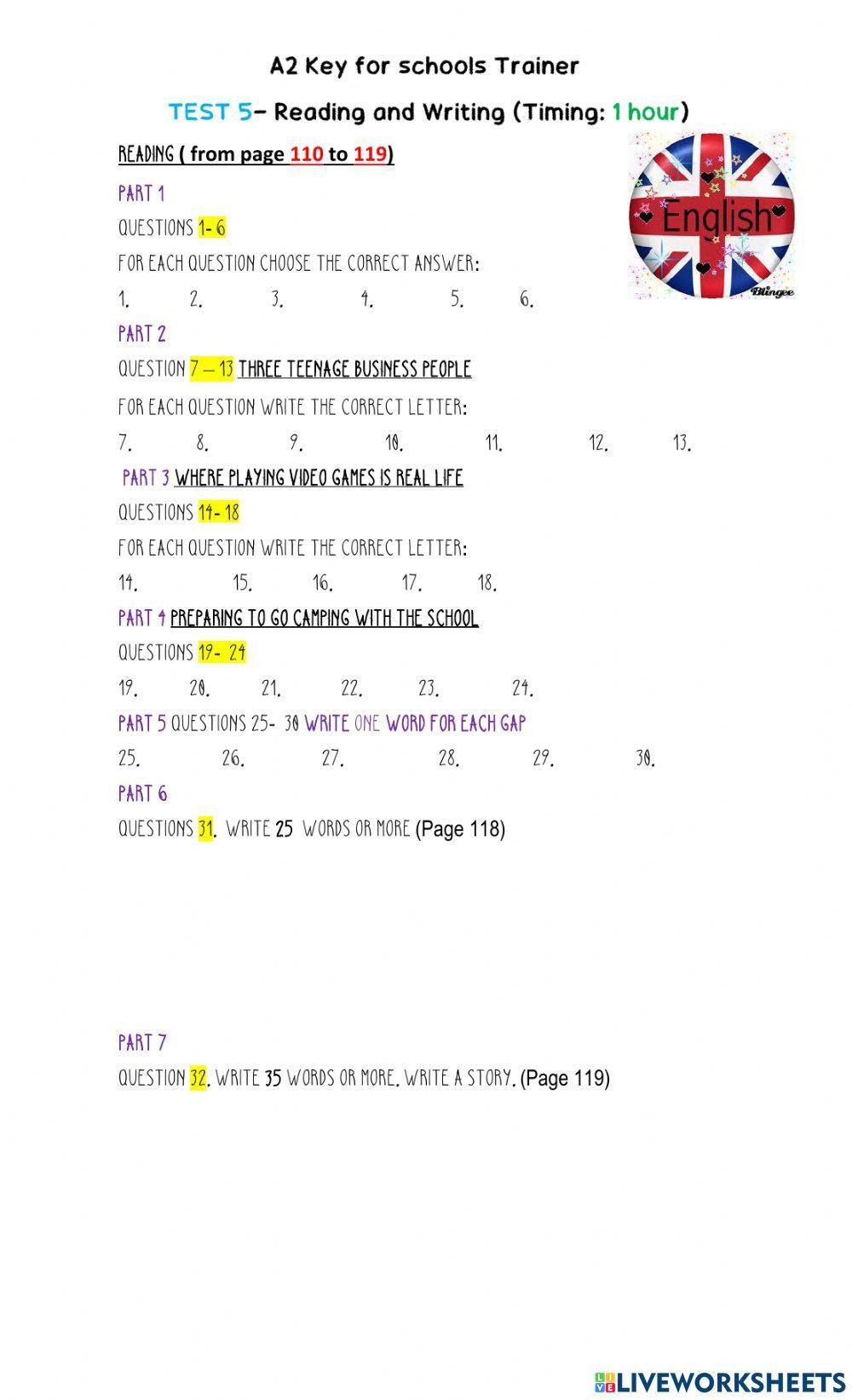 A2 KEY FOR SCHOOLS TRAINER- Reading test 5- ANSWER SHEET A2 KEY FOR SCHOOLS TRAINER- Reading test 5- ANSWER SHEET