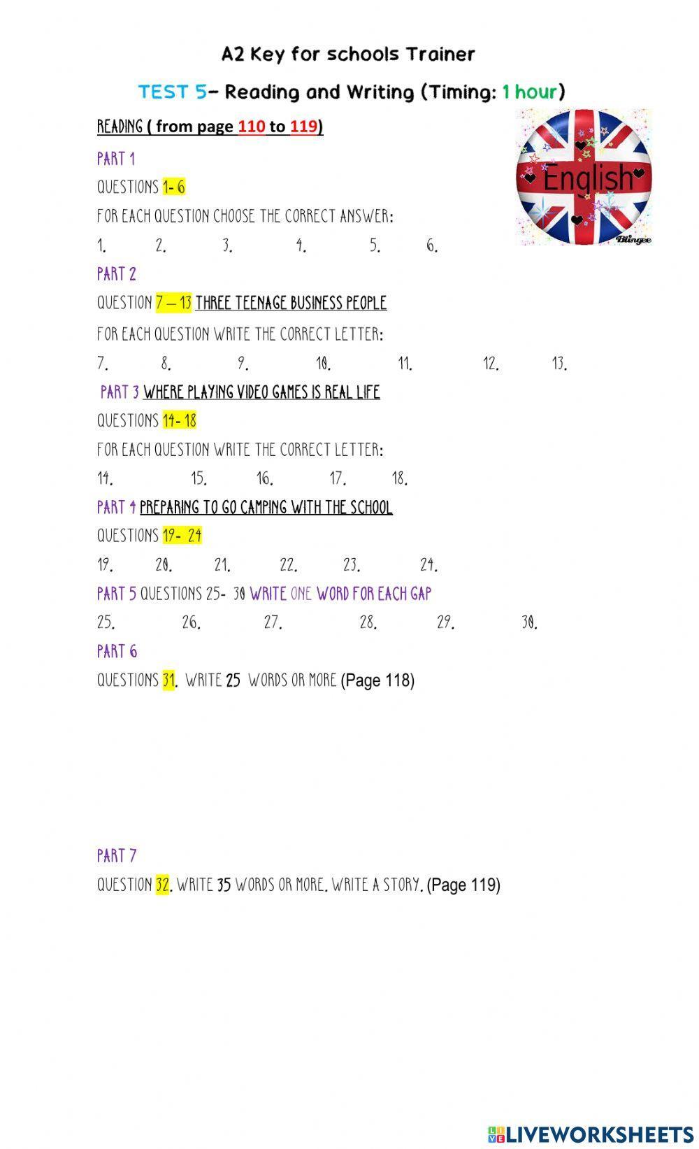 A2 KEY FOR SCHOOLS TRAINER- Reading test 5- ANSWER SHEET