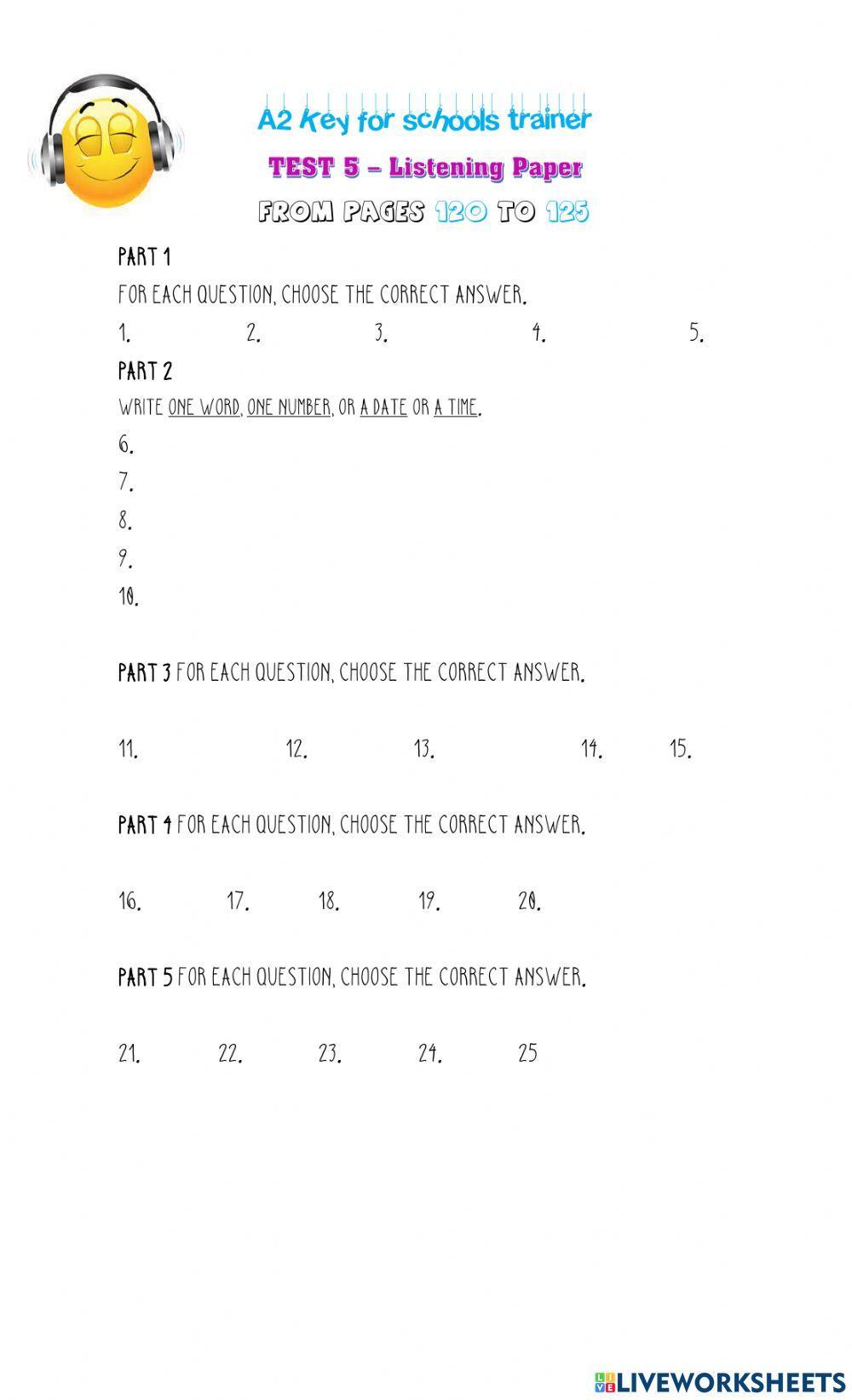 A2 key for schools- Listening Test 5- answer sheet