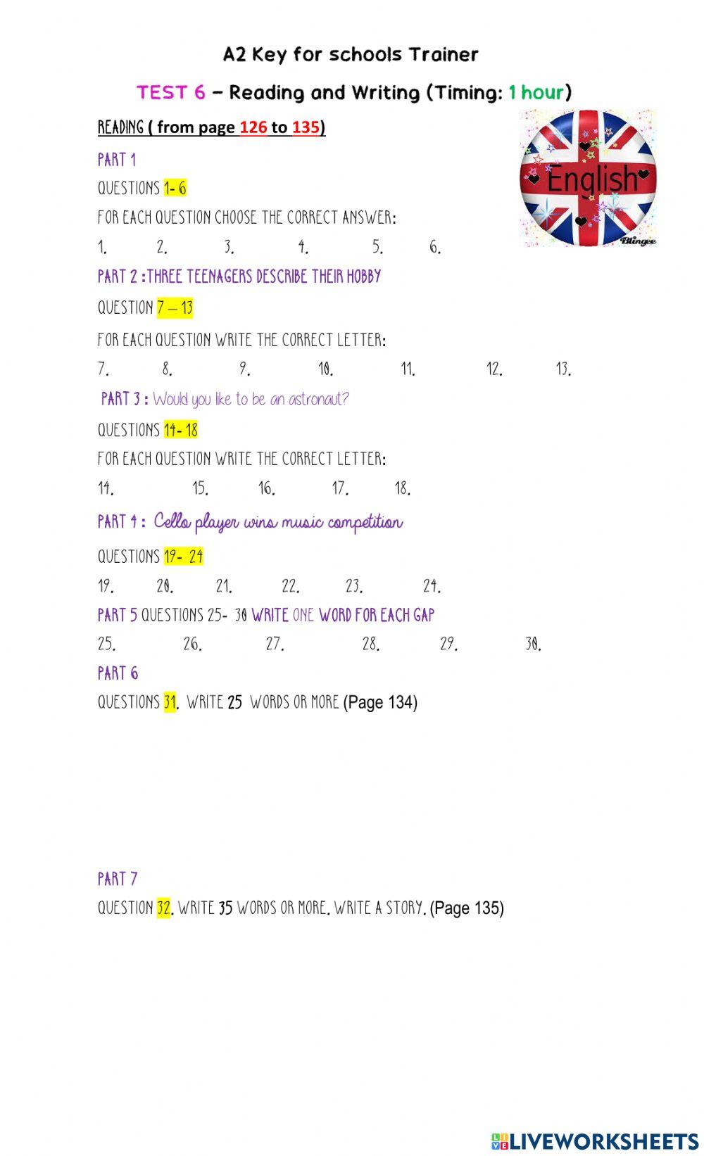 A2 for schools trainer- Reading Test 6- ANSWER SHEET