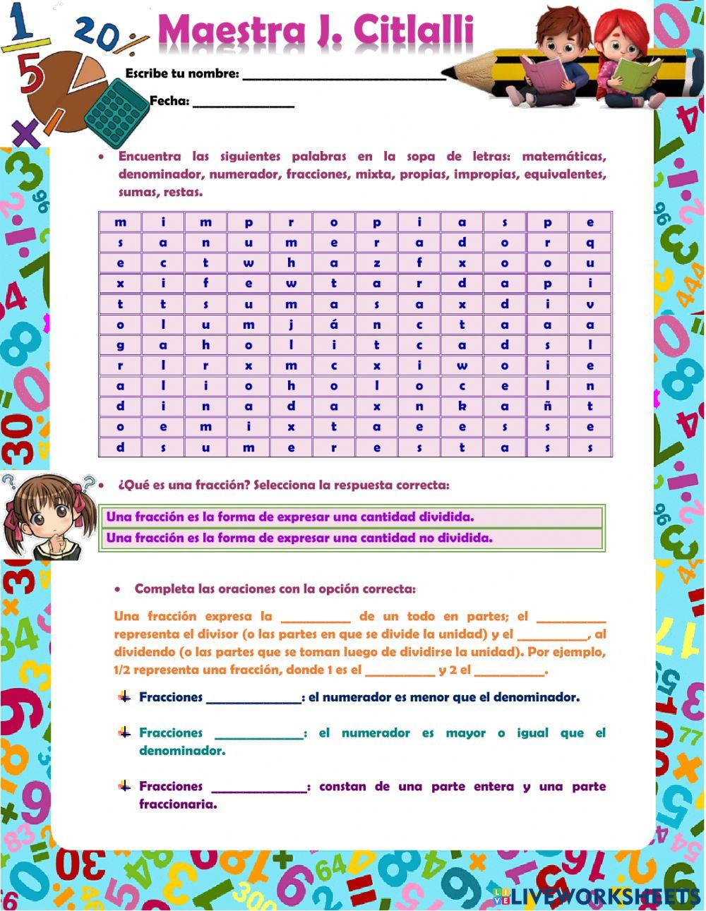Fracciones propias, impropias, mixtas y equivalentes