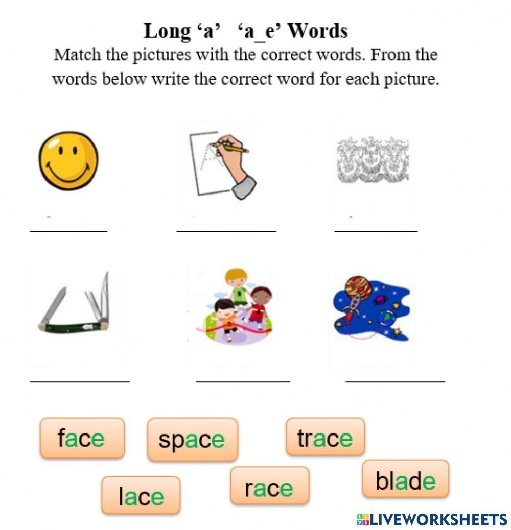 Long 'A' Match a-e Words with Pictures