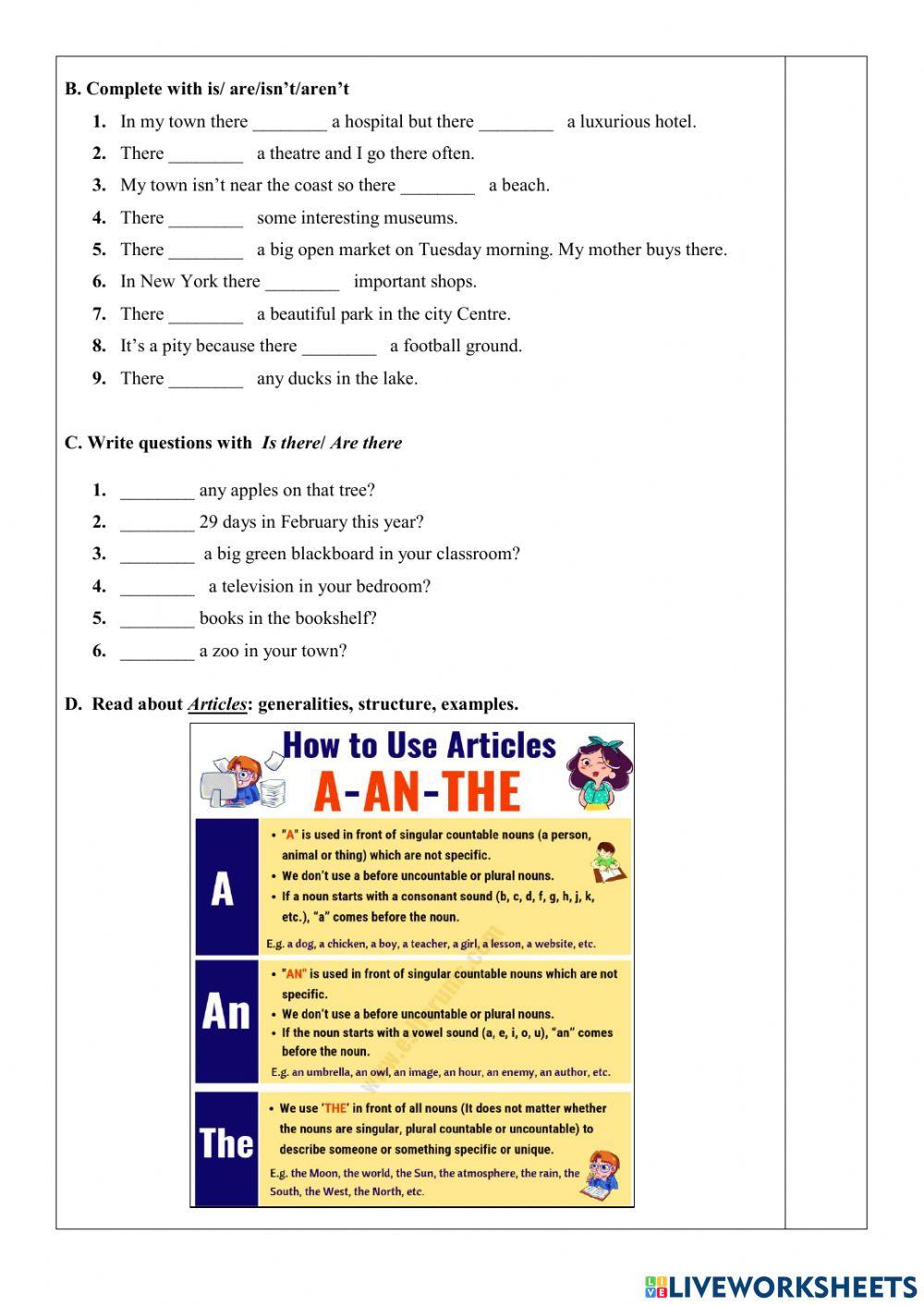 Ejercicio online There is - There are - Articles-1stBGU