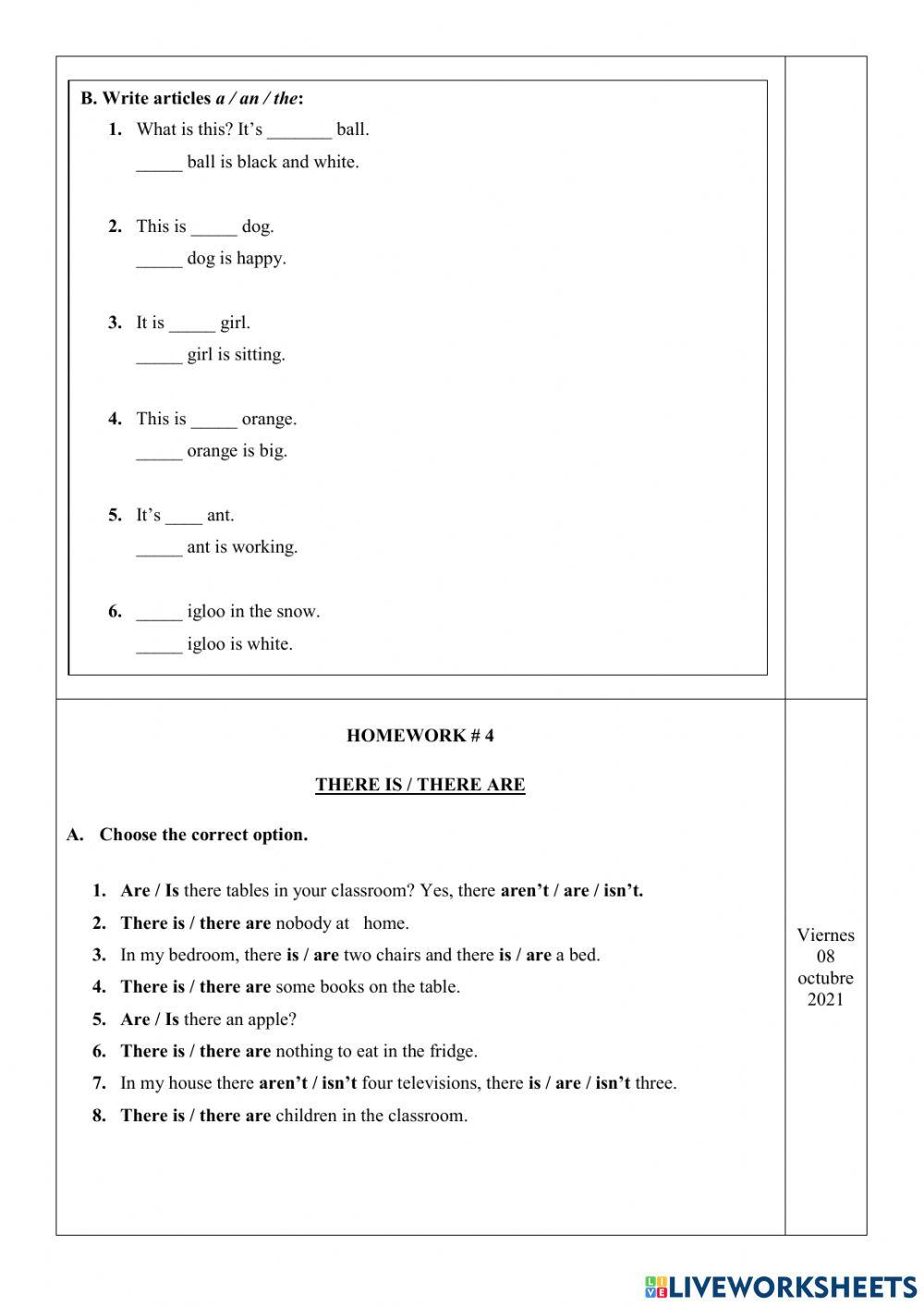 Ejercicio online There is - There are - Articles-1stBGU