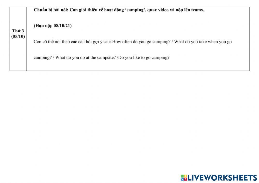 Phiếu giao bài - October - Week 1