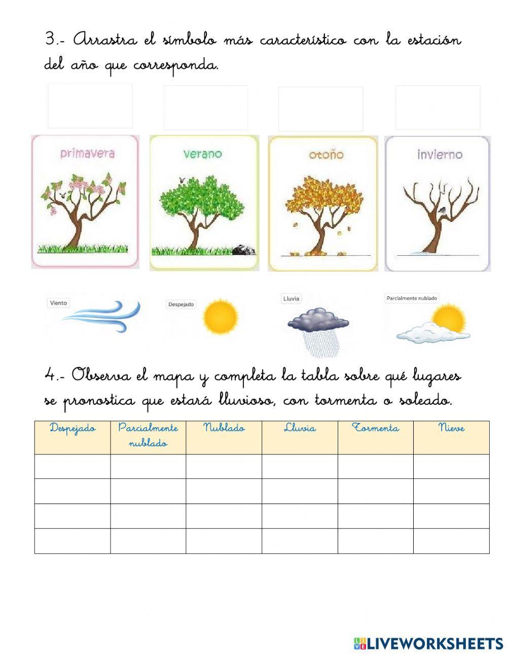 Tiempo atmosferico y las estaciones del año worksheet Live Worksheets