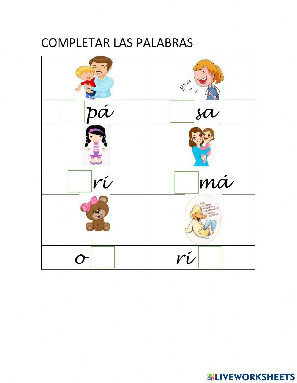 Pareo y completar las palabras