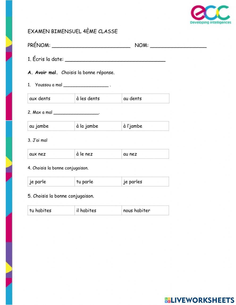 Examen de Francais 4eme Classe