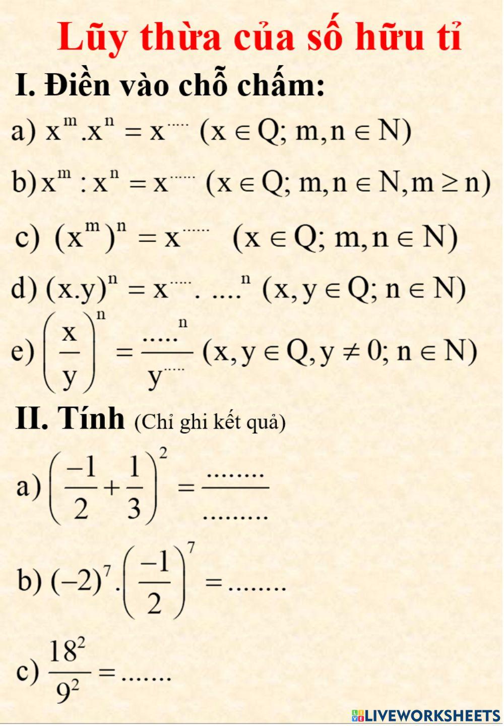 Luyện tập về lũy thừa của số hữu tỉ