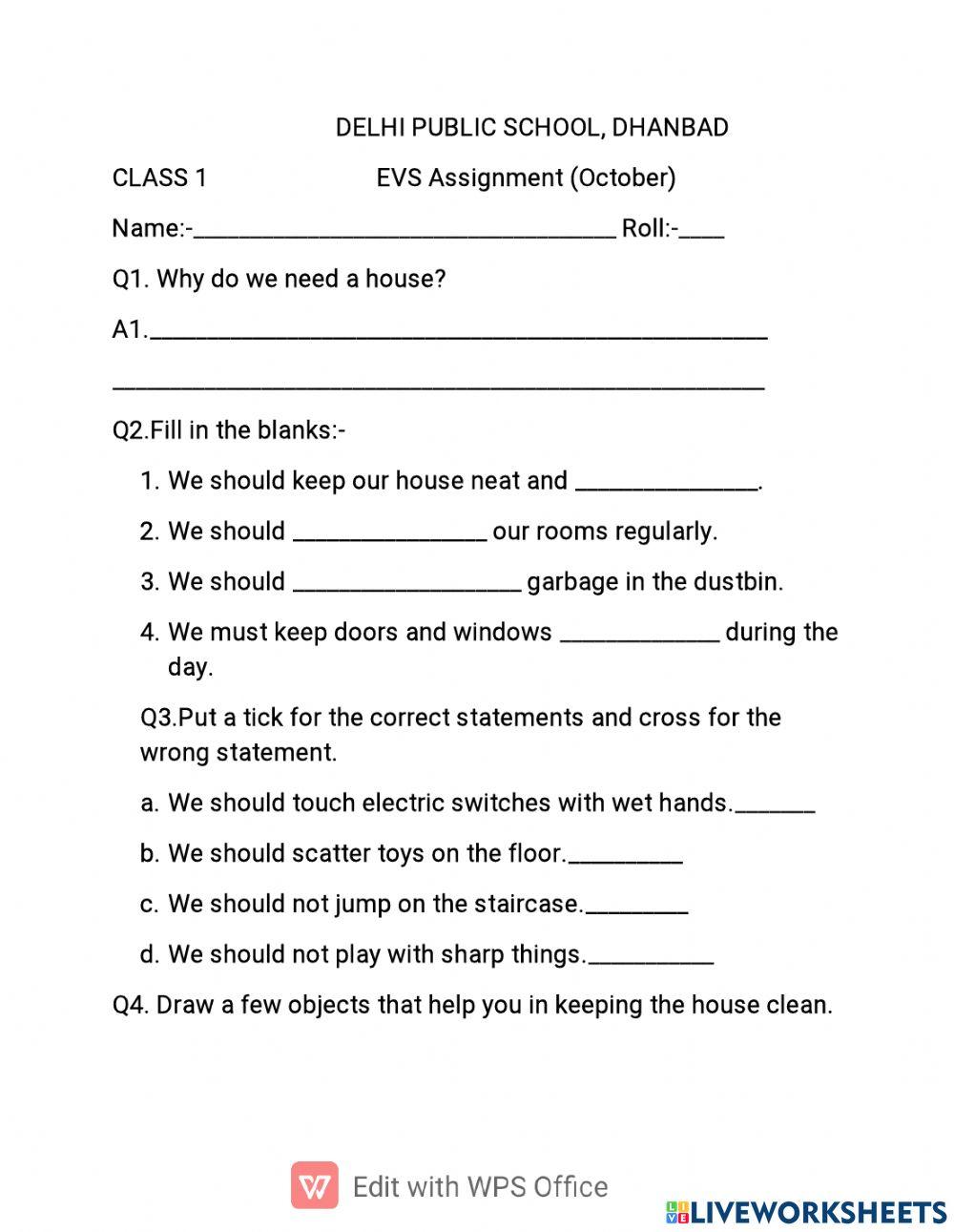 EVS Home Work - English & Evs - Assignment - Teachmint