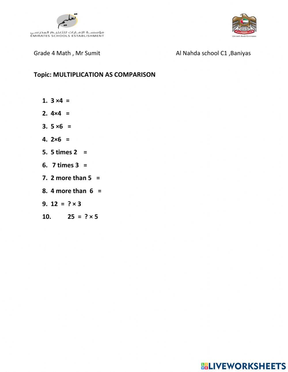Multiplication as comparison worksheets