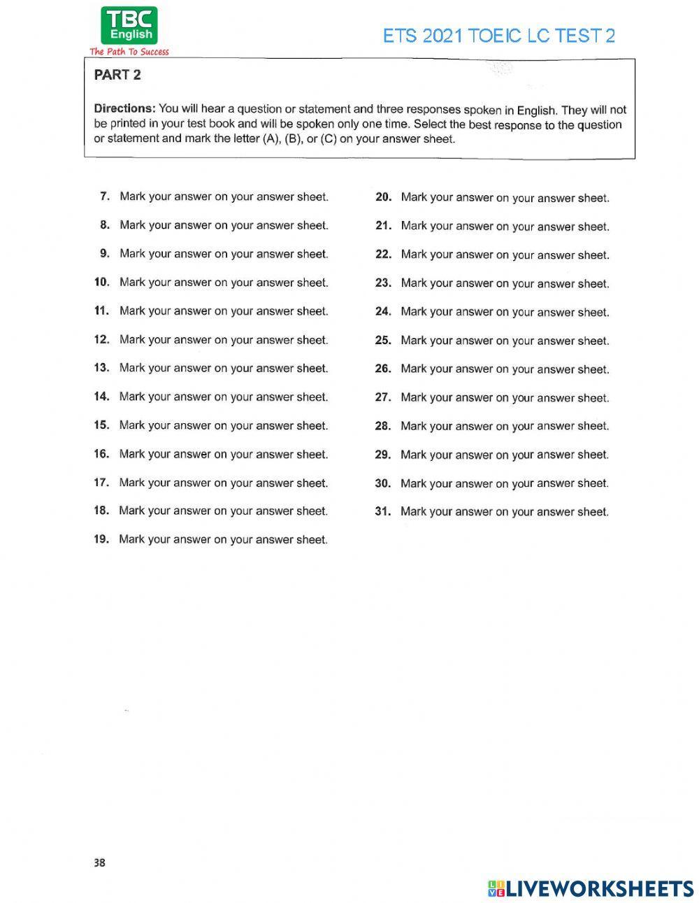 ETS 2021 TOEIC LC TEST 2 PART 2