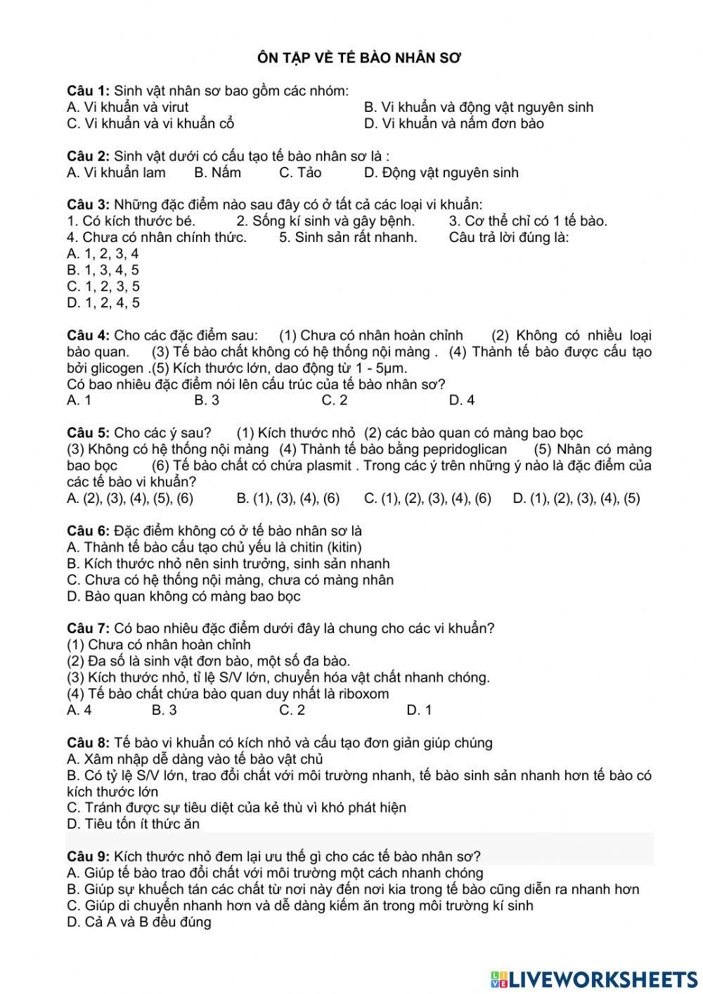 Ôn tập tế bào nhân sơ