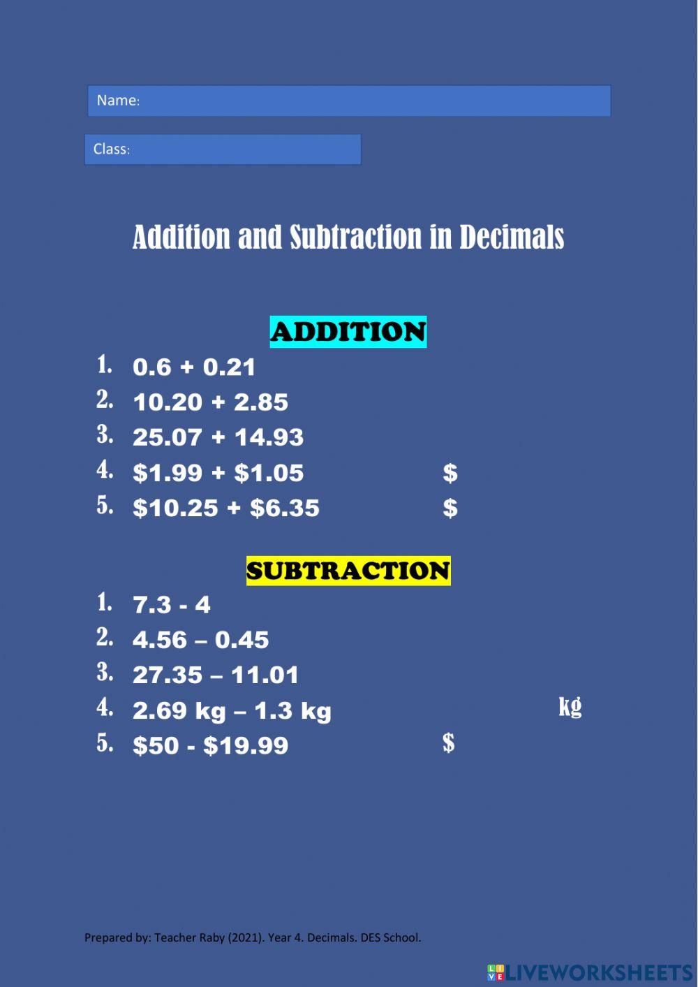 Addition and subtraction in decimals