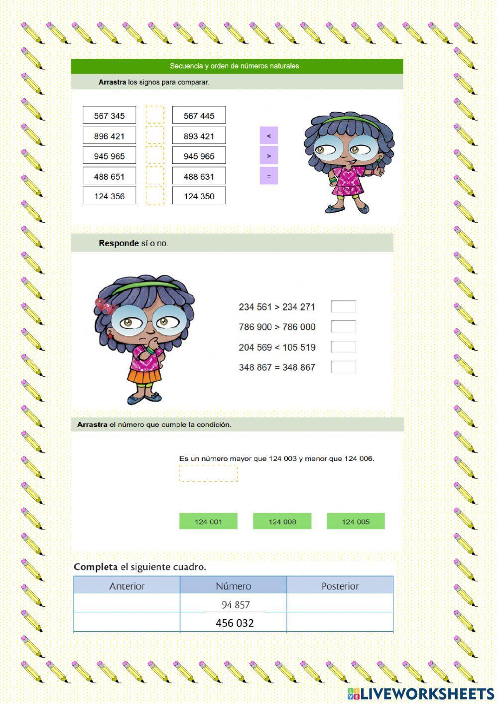 Secuencia y orden de numeros naturales se cinco y seis cifras