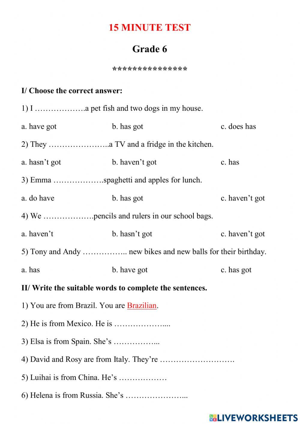 15-Minute Test (Grade 6)