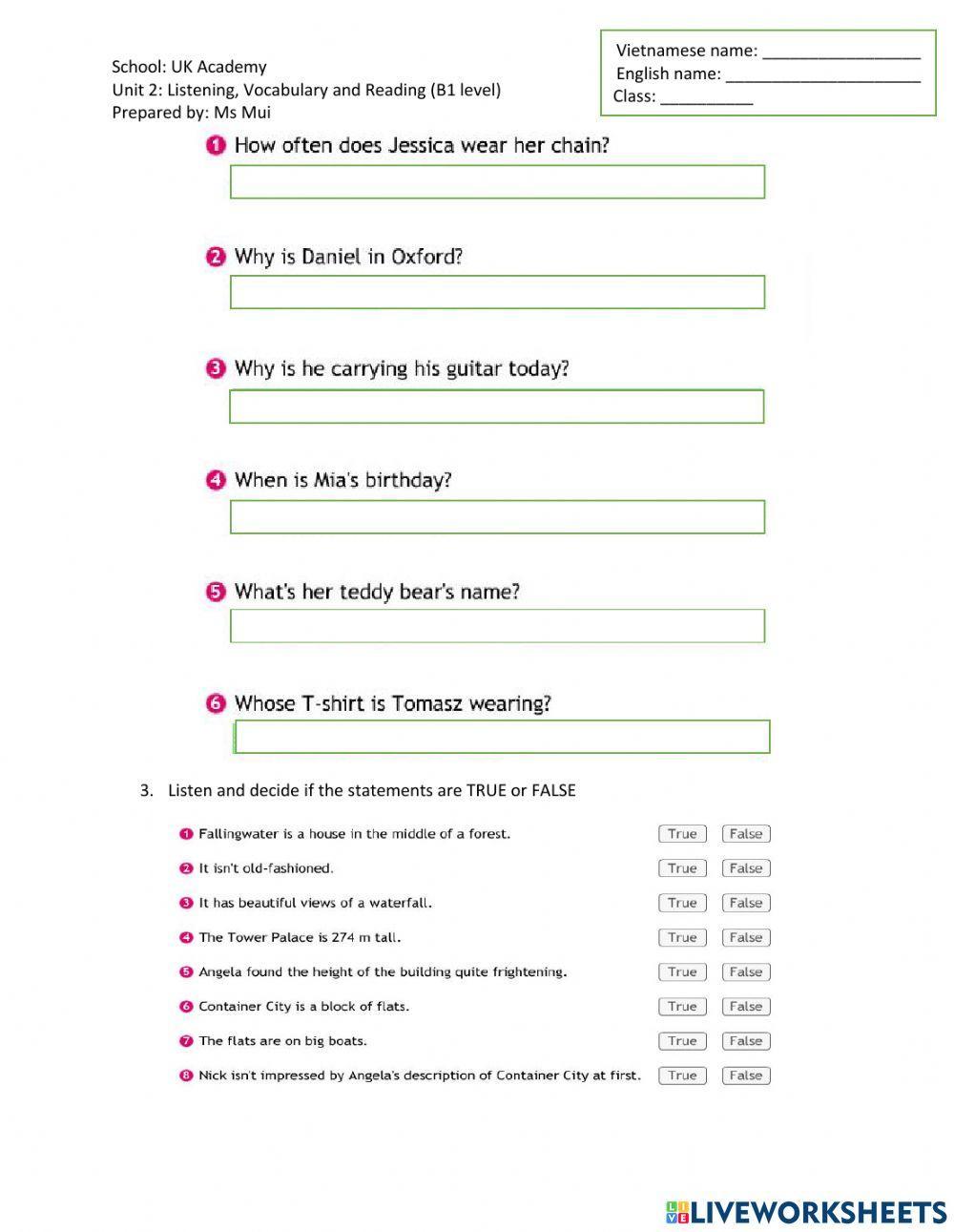 UNIT 2 - ACHIEVERS B1: VOCABULARY + READING + LISTENING (1)