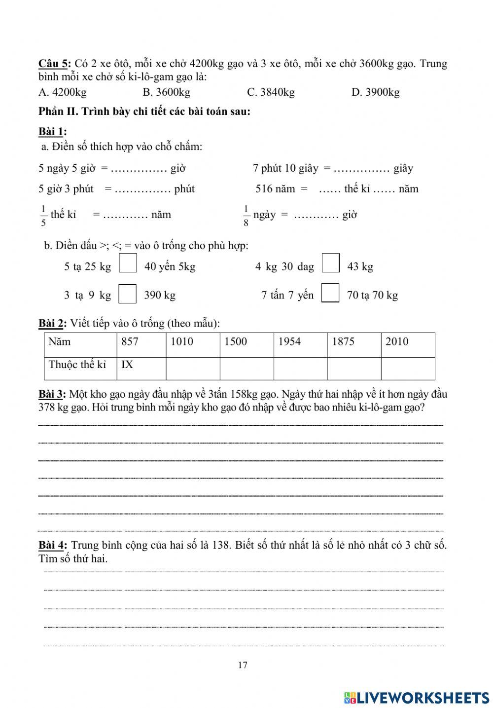 Bài tập cuối tuần Toán lớp 4 - tuần 5