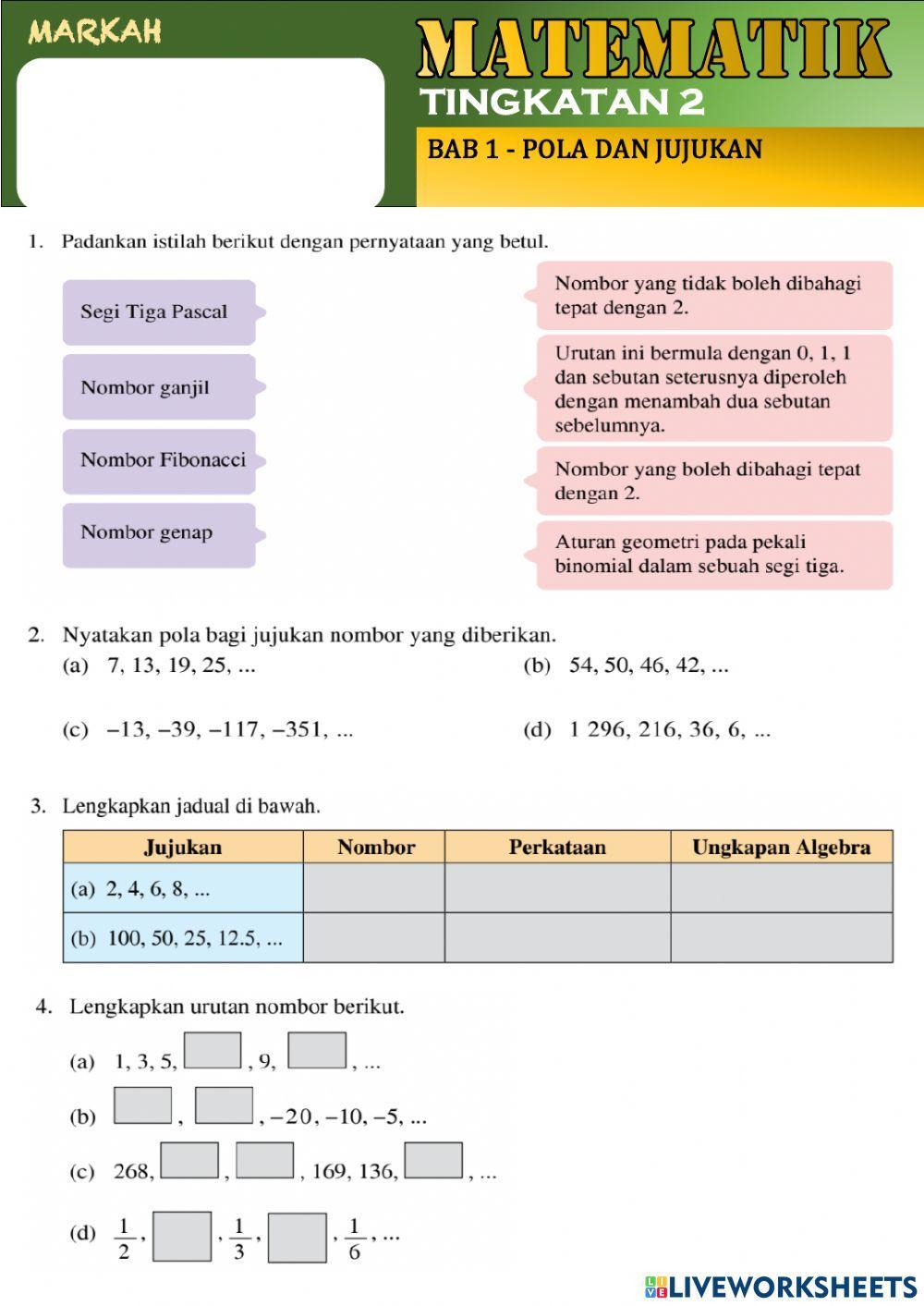 MATEMATIK TINGKATAN 2 - BAB 1 POLA DAN JUJUKAN 