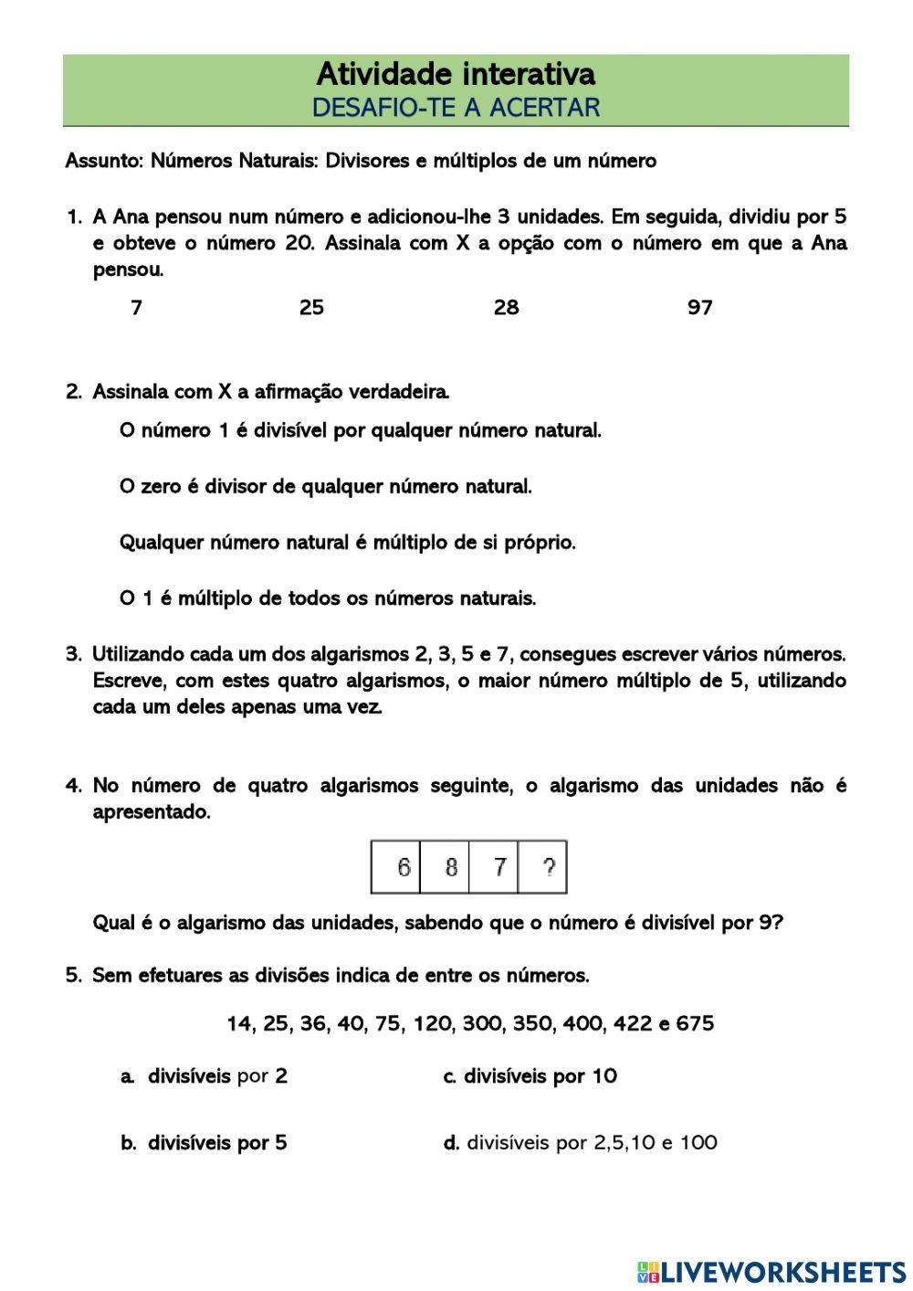 Números naturais: Múltiplos e divisores de um número