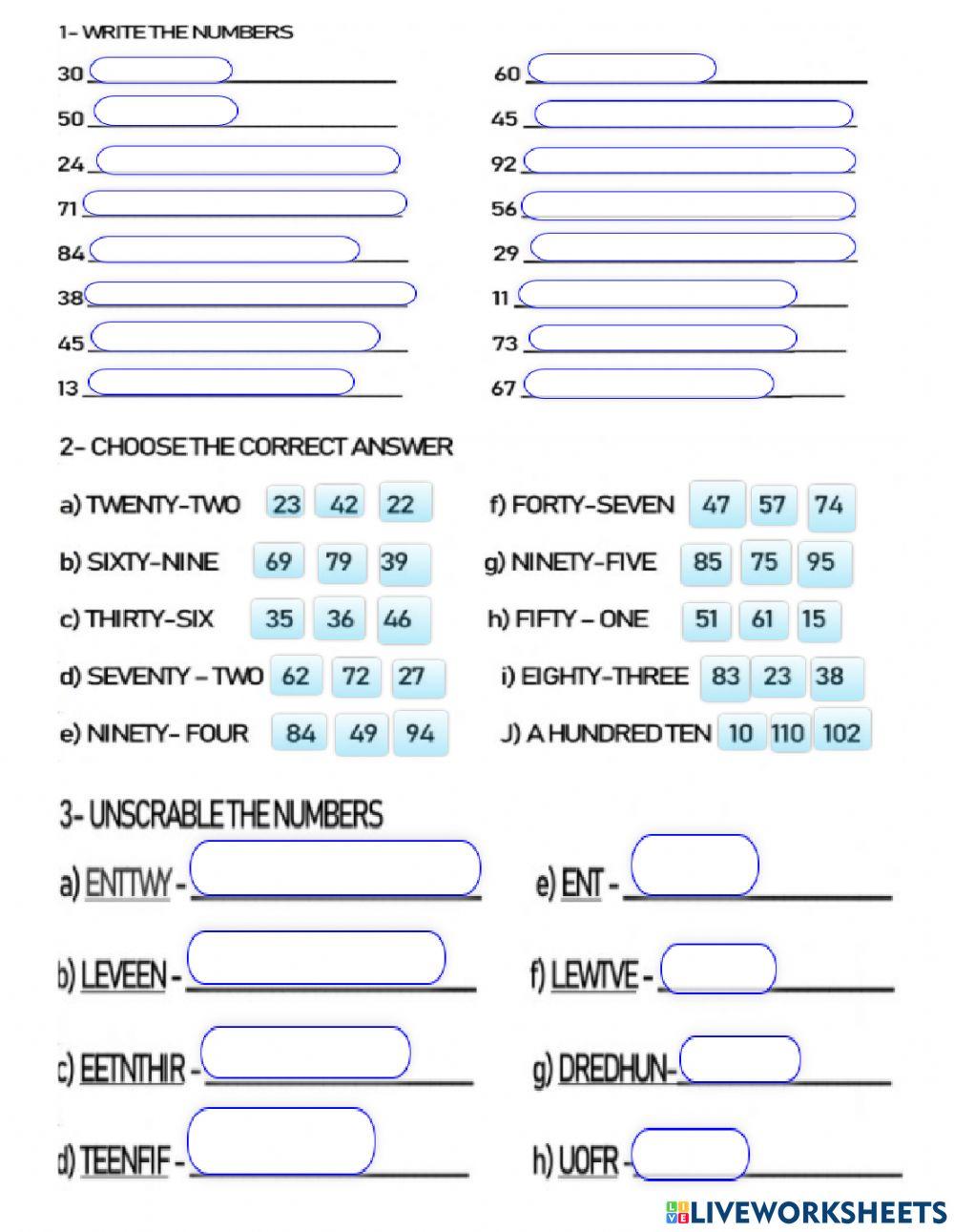 Numbers 1 100 online exercise for Live Worksheets