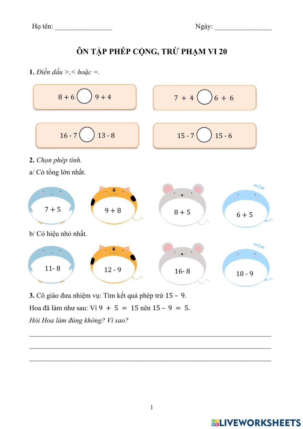 Ôn tập phép cộng, trừ phạm vi 20