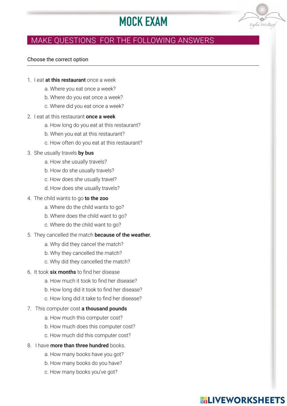 Make questions for the following answers