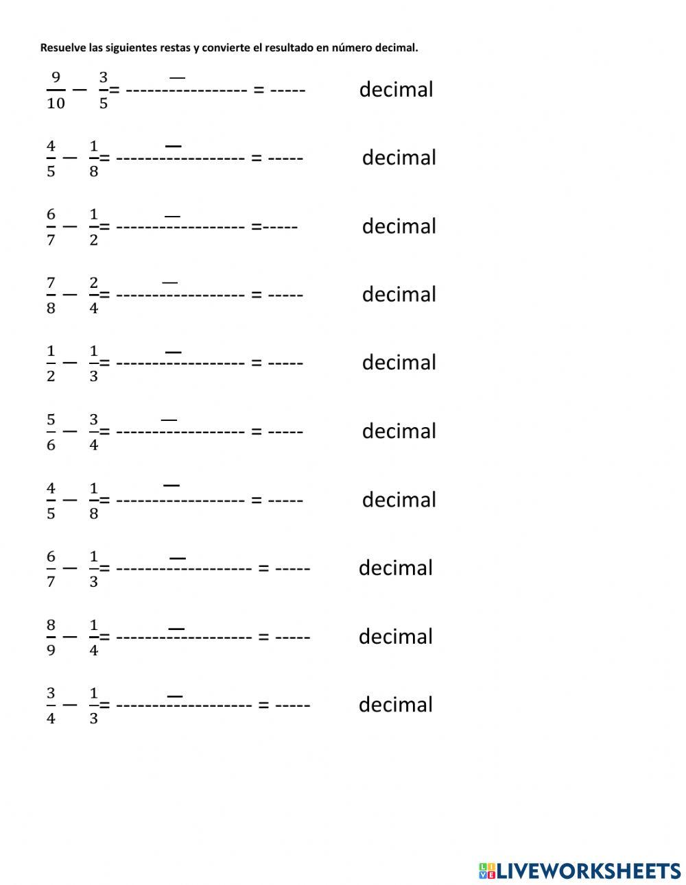 Restas de fracciones y decimales
