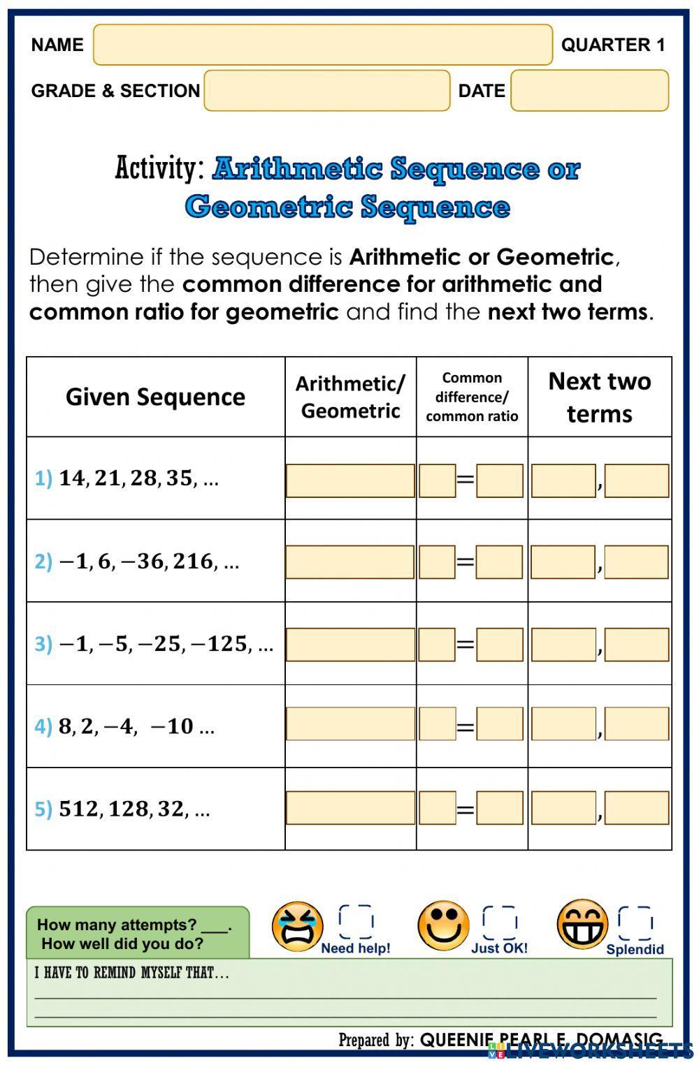 Arithmetic & Geometric Sequences, 154 plays