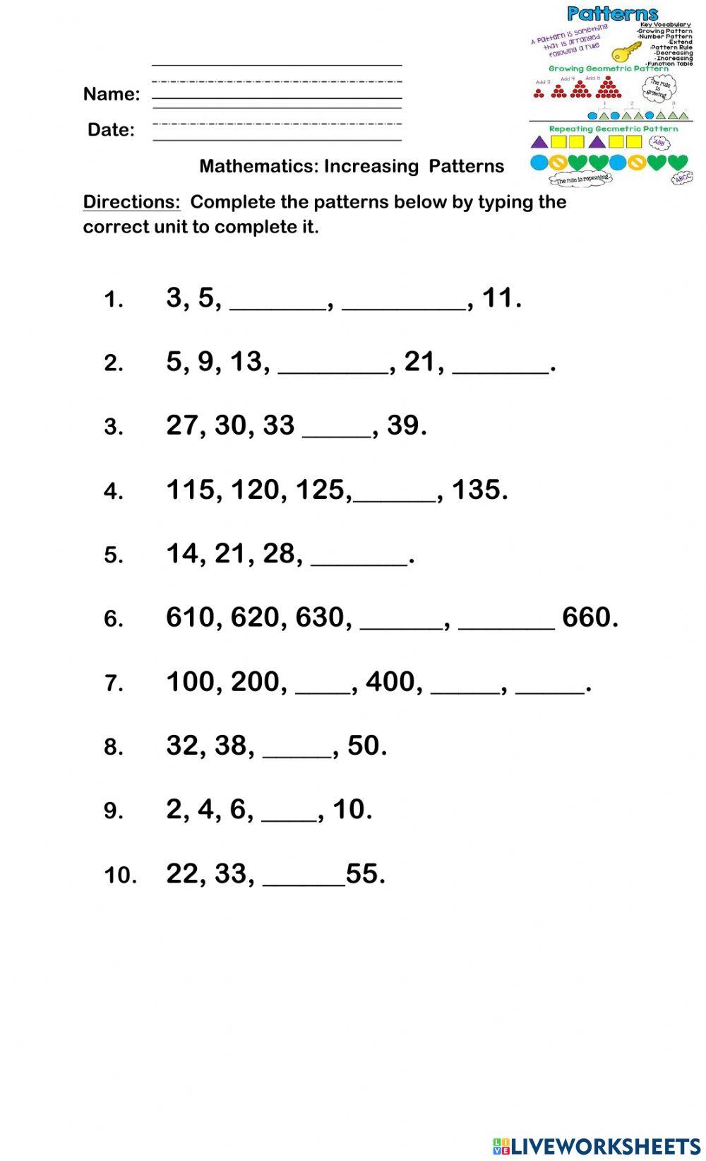 Patterns 2 interactive worksheet | Live Worksheets