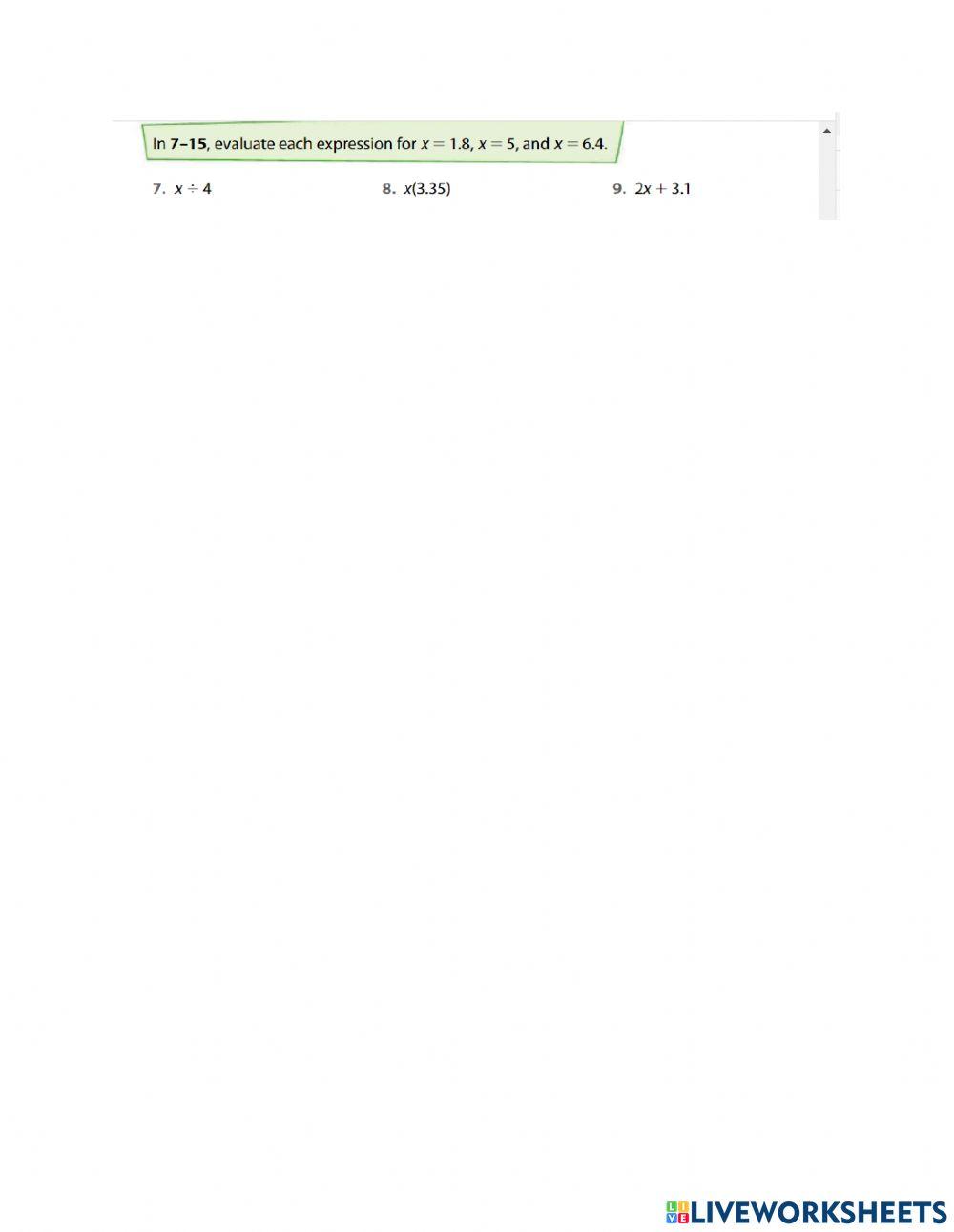 Evaluating Algebraic Expressions