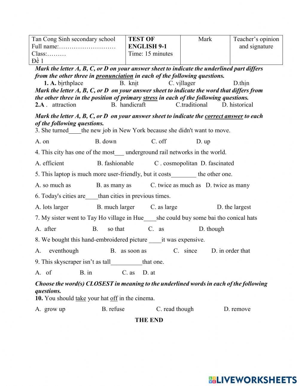Test 15 minutes english 9