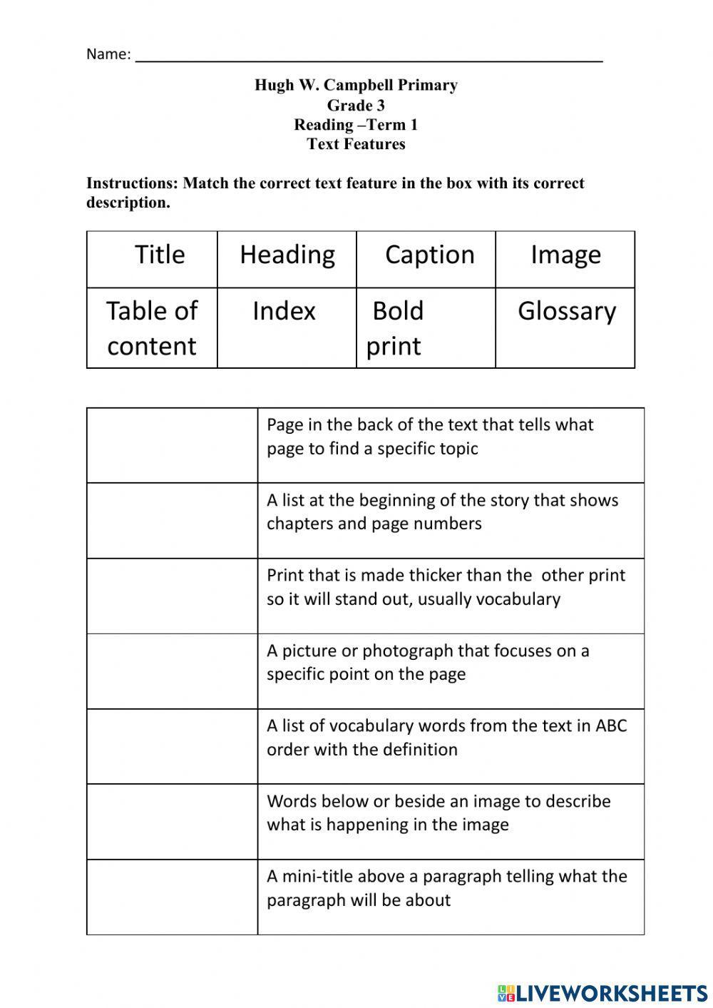 Text Features Review worksheet | Live Worksheets