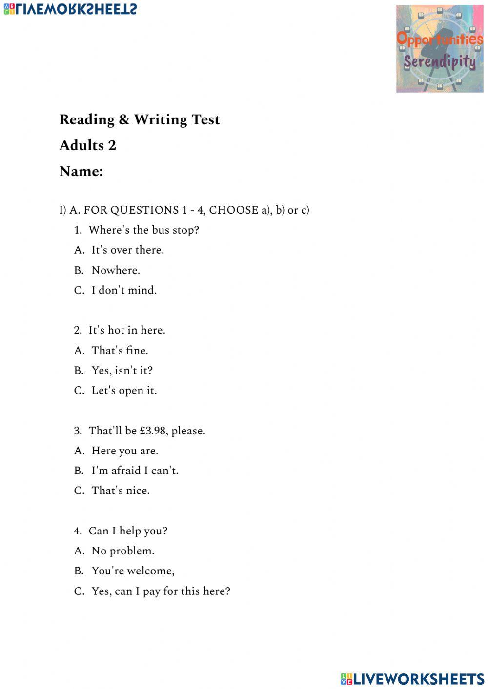 2nd adults final exam reading and writing