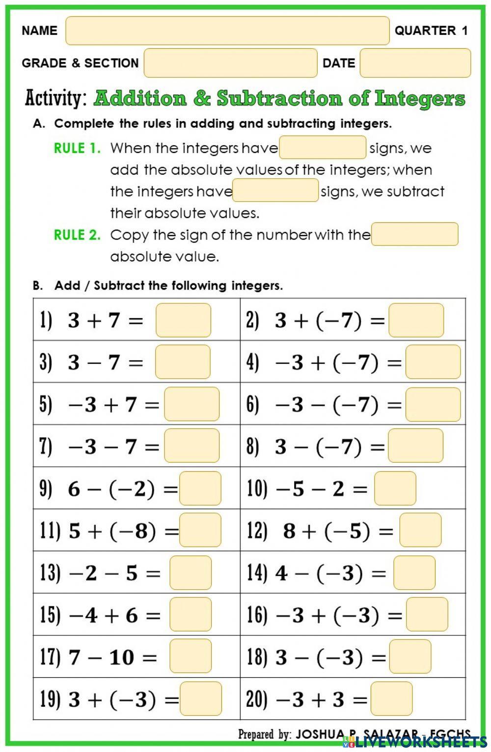Integers worksheet addition and subtraction