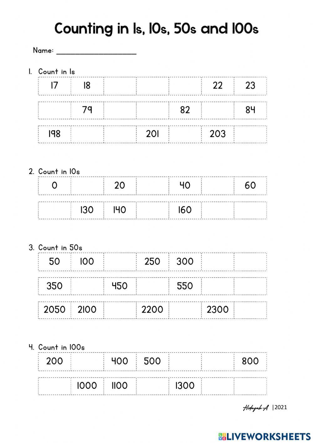 Counting by 1s 10s 50s 100s liveworksheets