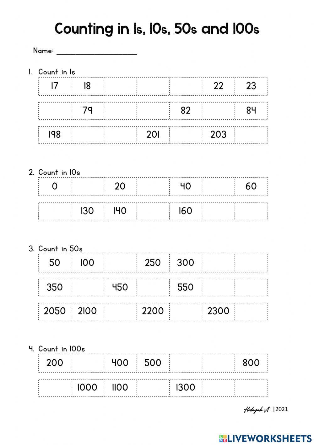 Counting by 1s, 10s, 50s, 100s