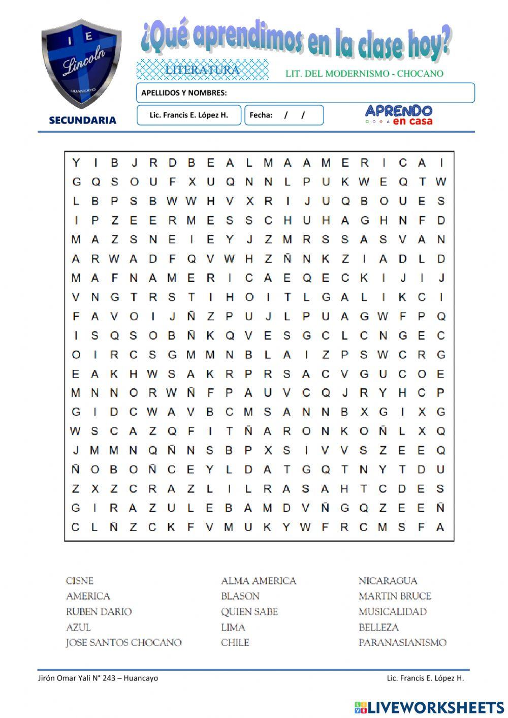 Sopa de letras - Lit. Modernista  Chocano