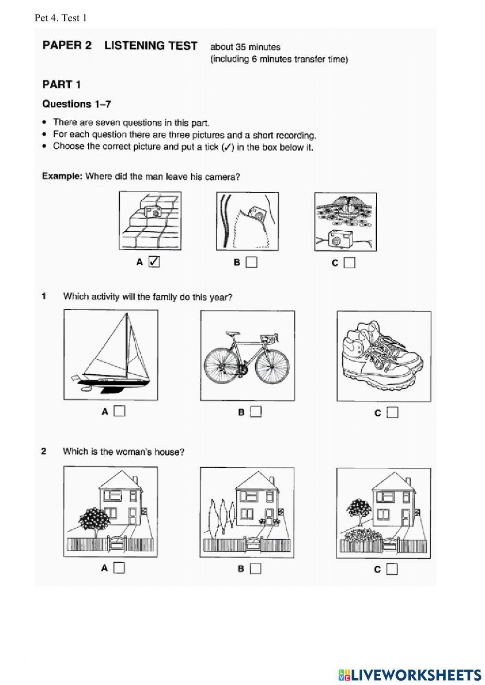 Listening. Pet4 Test 1. Part 1-2
