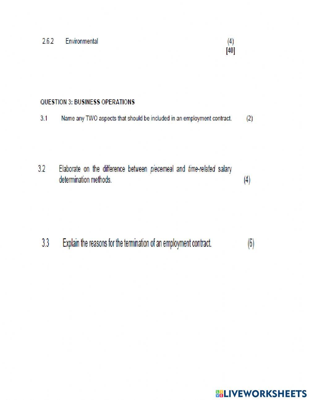 Business studies section A exam paper